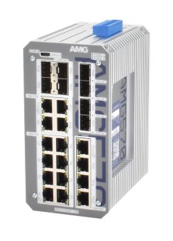 Industrie-Switch mit mehreren Ethernet- und Glasfaseranschlüssen in einem robusten Metallgehäuse.