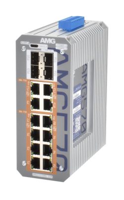 Industrieller Netzwerk-Switch mit mehreren Ethernet-Ports in einem robusten Metallgehäuse.