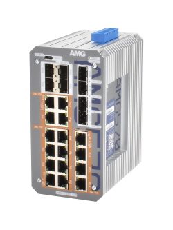 Industrieller Netzwerkswitch mit mehreren Ethernet-Ports und Kühlrippen auf der Seite.