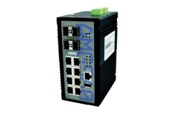 Industrieller Ethernet-Switch mit mehreren Netzwerkanschlüssen und einem AMG-Logo auf der Vorderseite.