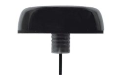 Schwarze zylinderförmige Antenne mit Gewinde und Kabel an der Unterseite.