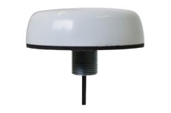 Runde, weiße Antenne mit Gewinde und schwarzem Kabel darunter.