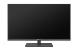 Ein flacher, schwarzer Computerbildschirm mit schmalem Rahmen und rechteckigem Standfuß vor weißem Hintergrund.