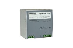 Ein Comnet Netzteil Modell PS48VDC-5A, ein Schaltnetzteil für PoE-Anwendungen mit 240 Watt, DIN-Hutschienenmontage, Eingang 100–240VAC und Ausgang 48V DC, 5A.