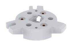 Ein rundes, graues Kunststoffteil mit mehreren Löchern und drei Metallösen, das möglicherweise als Halterung oder Adapter dient.