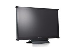Ein schwarzer LCD-Monitor mit kantiger Form und robustem Standfuß, abgebildet vor einem weißen Hintergrund.