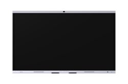 Ein großer, moderner schwarzer Bildschirm mit einem schmalen weißen Rahmen, wahrscheinlich ein interaktives Display oder Smartboard, in einer frontalen Ansicht.