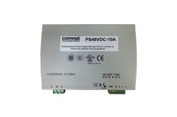 Ein ComNet PS48VDC-10A Schaltnetzteil für DIN-Schienenmontage, geeignet für Power-over-Ethernet-Anwendungen, mit einem Eingang von 115/230VAC und einem Ausgang von 48VDC/10A.