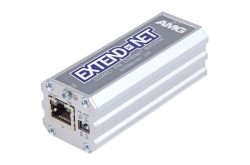 Ein silberner Gigabit PoE Ethernet Repeater von EXTEND-NET mit Anschlüssen und einem Schalter auf der Vorderseite.