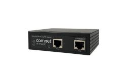 Schwarzer Power over Ethernet (PoE) Injektor von comnet mit zwei Ethernet-Ports und Aufschrift "Industrial Multi-Gig PoE Injector CN11PSbt-DC".
