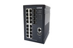 Ein industrieller Netzwerk-Switch von Comnet mit mehreren Ethernet-Anschlüssen und LEDs an der Vorderseite, sowie einem USB- und einem Konsolen-Anschluss unten.