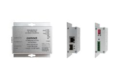 Industrie-Mediakonverter von Comnet mit Anschlüssen und Statusanzeigen, abgebildet aus verschiedenen Blickwinkeln.