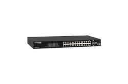 Netzwerk-Switch in einem schwarzen Gehäuse mit mehreren Ethernet-Ports an der Vorderseite.