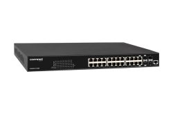 Netzwerkswitch mit 28 Ethernet-Ports und schwarzem Gehäuse, Modellnummer CWGE2FE24TX2MP, von ComNet.