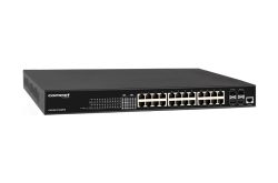 Ein schwarzer Netzwerk-Switch der Marke Comnet mit 24 Ethernet-Ports und zusätzlichen SFP-Ports auf der linken Vorderseite.