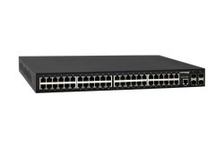 Ein Netzwerk-Switch mit mehreren Ethernet-Ports in einem schwarzen Gehäuse, von der Marke Comnet.