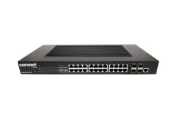 Ein schwarzer Netzwerk-Switch von Comnet mit zahlreichen Ethernet-Ports und zwei Glasfaser-Schnittstellen.