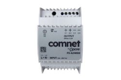 Ein graues ComNet Netzgerät Modell PS-A24060 mit DC-Ausgang (24Vdc, 2.5A) und AC-Eingang (100-240 Vac), montierbar auf einer DIN-Schiene.