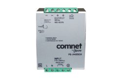 Industrielles Stromversorgungsgerät von ComNet, Modell PS-A48500, mit einem Eingang von 115-230Vac und einem Ausgang von 48Vdc, 480-600W, ausgestattet mit grünen Anschlussklemmen oben und unten.