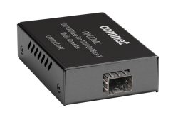 Schwarzer Medienkonverter mit Aufschrift "comnet" und Modellnummer "CWGE2SFP" auf der Oberseite.