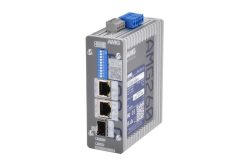 Industrielles Netzwerkgerät in grauem Gehäuse mit blauen und weißen Markierungen, zwei Ethernet-Ports und einem optischen Anschluss auf der Vorderseite, produziert von AMG.