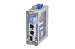 Industrielles Netzwerkgerät von AMG mit mehreren Ethernet- und Glasfaseranschlüssen auf der Vorderseite.