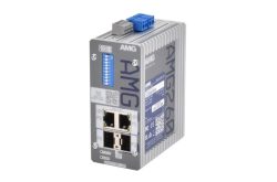Ein AMG260 Ethernet-Switch mit vier Ports und einem silbernen Gehäuse, an dem blaue und graue Kabelanschlüsse erkennbar sind.