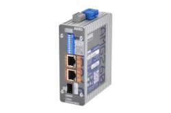 Graues industrielles Netzwerkgerät mit den Anschlüssen P1 und P2 sowie einer blauen Anschlussklemme oben.