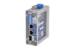 Ein graues Industrie-Modul von AMG mit zwei Ethernet-Ports und einem optischen Port, beschriftet mit AMG260, und blauen Klemmanschlüssen für Stromversorgung.