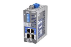 Ein technisches Gerät mit der Aufschrift 'AMG260', einschließlich Ethernet-Ports und blauen Steckverbindungen auf der Oberseite.