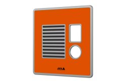 Orangefarbener Intercom mit grauem Rand, Lüftungsgitter, rechteckiger Aussparung und rundem Knopf, markiert mit dem Logo von Axis Communications.