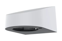 Hängende Dunstabzugshaube mit geschwungenem, rechteckigem Design, überwiegend in Weiß mit schwarzem Bereich an der Unterseite.