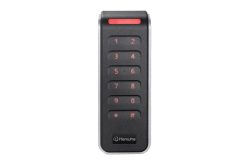 Schwarzes numerisches Tastenfeld mit roten Ziffern von 0 bis 9 und Symbolen * und #, mit dem Markennamen Hanwha am unteren Rand.