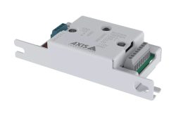 Ein weißes, rechteckiges elektronisches Gerät mit verschiedenen Anschlüssen und der Aufschrift 'AXIS Communications'.