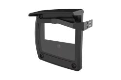 Schwarze, wandmontierte Kabelabdeckung mit transparentem Fenster und stabilen Befestigungselementen.