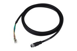 Ein schwarzes Kabel mit einem Stecker an einem Ende und offenen Drähten am anderen.