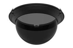 Schwarze Deckenkuppel-Kamera in Halbkugelform mit sichtbaren Befestigungsschrauben.