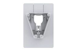 Graues, dreieckiges Wandmontageelement für ein technisches Gerät auf weißem Hintergrund.