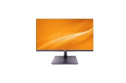 Ein Computerbildschirm mit orangefarbenem Hintergrund und einem schmalen Rahmen auf einem rechteckigen Standfuß.