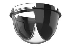 Zweiteiliges, halbkugelförmiges Plastikbauteil, das schwarz und transparent ist und ineinandergreift.