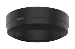 Schwarze, runde Sicherheitskamera von AXIS an einer Decke montiert, mit modernem Design.