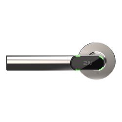 Moderne Türgriff mit integriertem elektronischen Verriegelungssystem und grünem Lichtring auf Metalloberfläche.