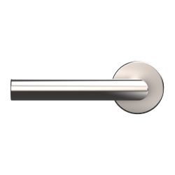 Silberfarbener, moderner Türgriff in minimalistischer zylindrischer Form.