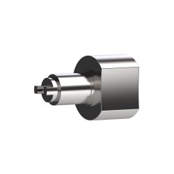 Metallischer Adapter mit sechseckiger Basis und hervorstehendem zylindrischem Anschluss auf weißem Hintergrund.