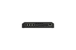 Schwarze Netzwerkhardware mit Ethernet-Ports und verschiedenen Anschlüssen auf der Rückseite.