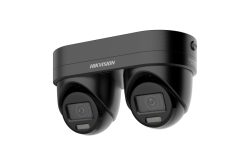 Eine schwarze Überwachungskamera von Hikvision mit zwei Linsen, montiert in einem Gehäuse.