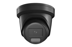 Schwarze Überwachungskamera mit modernem, rundem Design und sichtbarer Linse.
