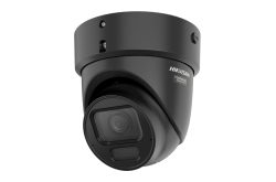 Eine schwarze Überwachungskamera von Hikvision mit mehreren Linsen und sichtbarem Markenlogo.