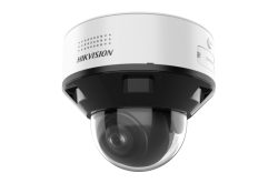 Weiße, kuppelförmige Überwachungskamera von Hikvision mit sichtbarer Linse und Mikrofonlochungen.