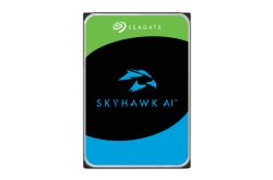 Festplatte mit Seagate-Logo und SkyHawk AI-Design, schwarzer Hintergrund mit grünem und blauem Rand.